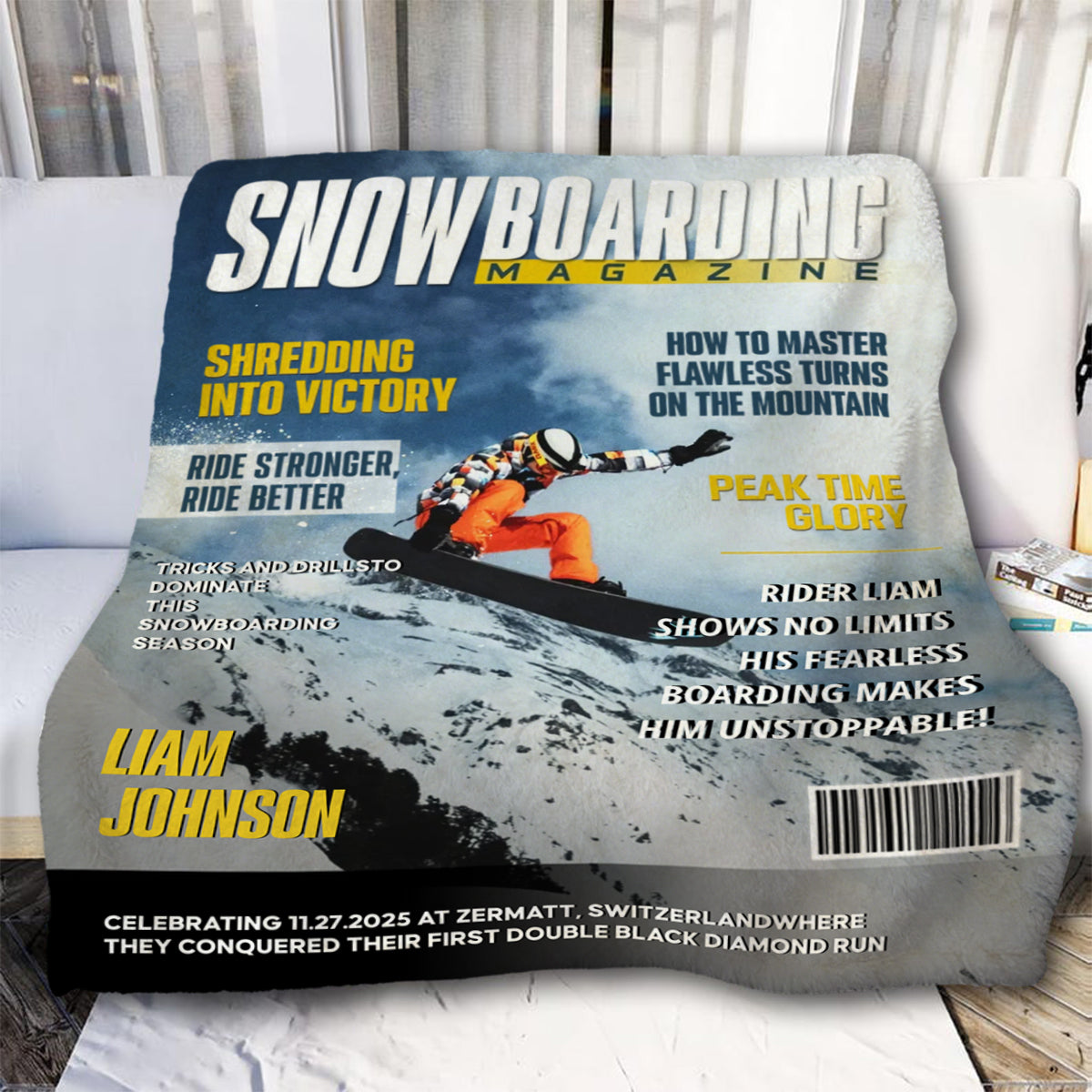 Personalized Snowboarding Magazine Cover Blanket, Snowboarding Player Gift, Unique Gifts For Snowboarding Lover