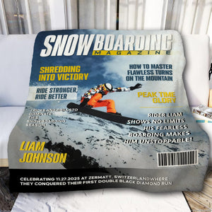 Personalized Snowboarding Magazine Cover Blanket, Snowboarding Player Gift, Unique Gifts For Snowboarding Lover