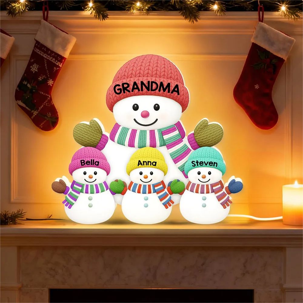 Heartwarming Christmas Grandma Grandkids Snowman Together - Personalized Light Box - Gift For Grandmas