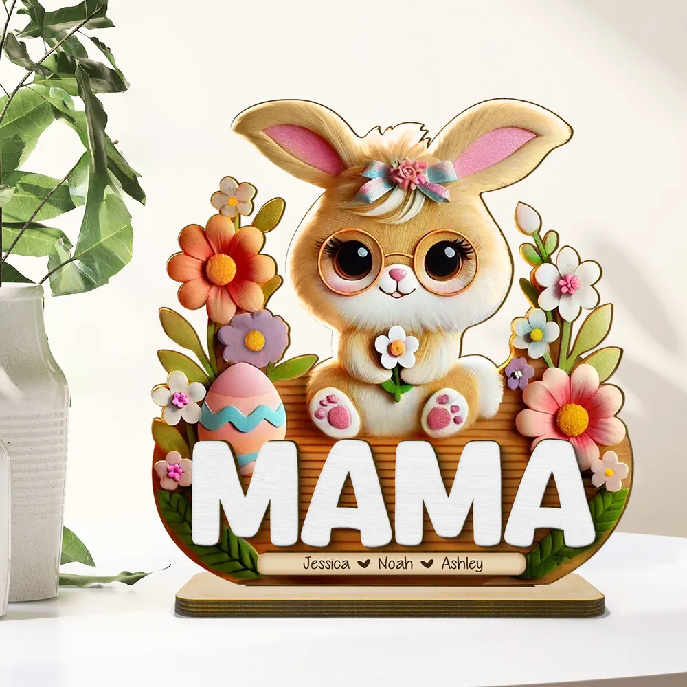 Mom Grandma's Easter Magic With Cute Bunny Engraved Standing Wooden Plaque, Heartfelt Personalized Mother's Day Gift