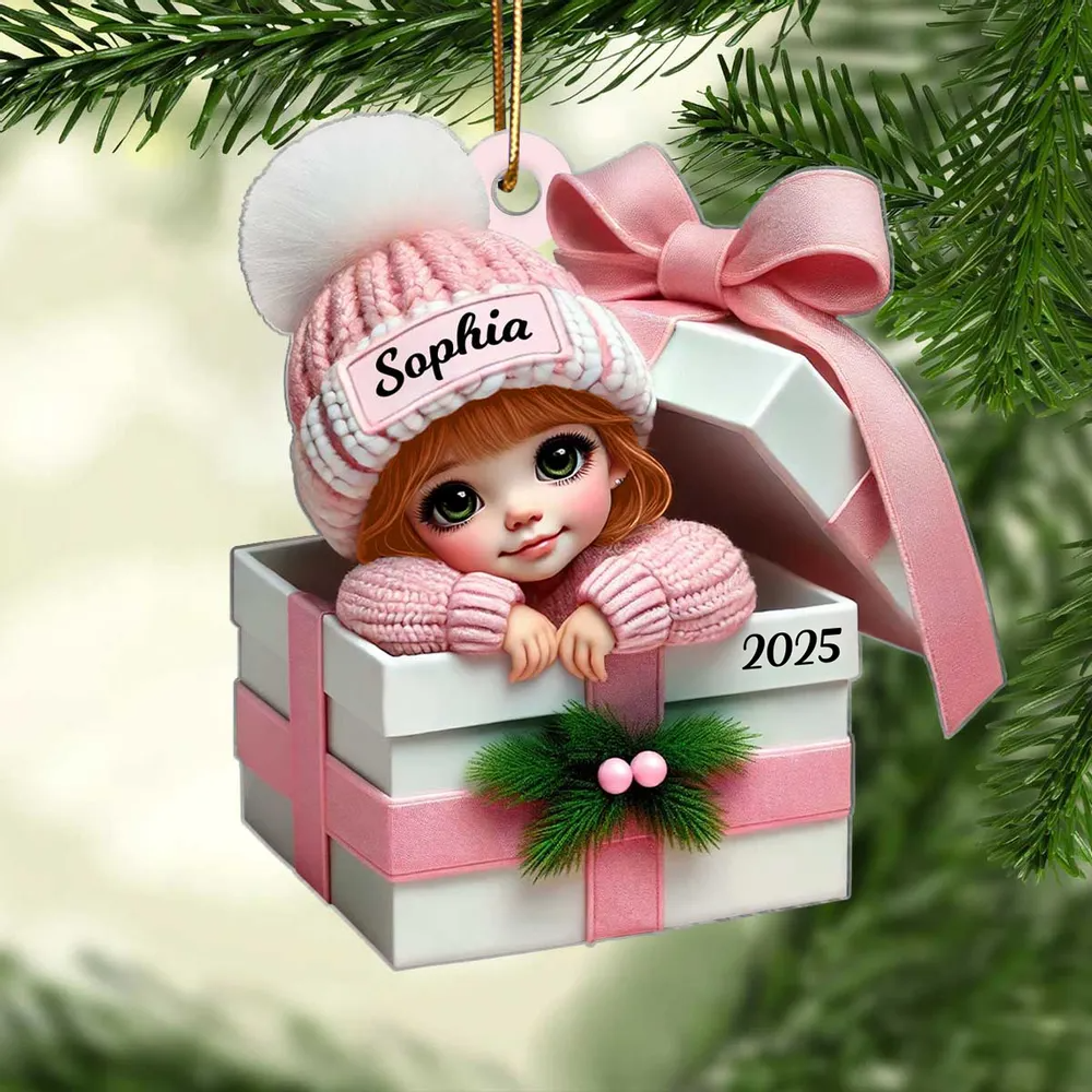 Kid Boy Girl Inside Gift Box Personalized Acrylic 2D Flat Ornament