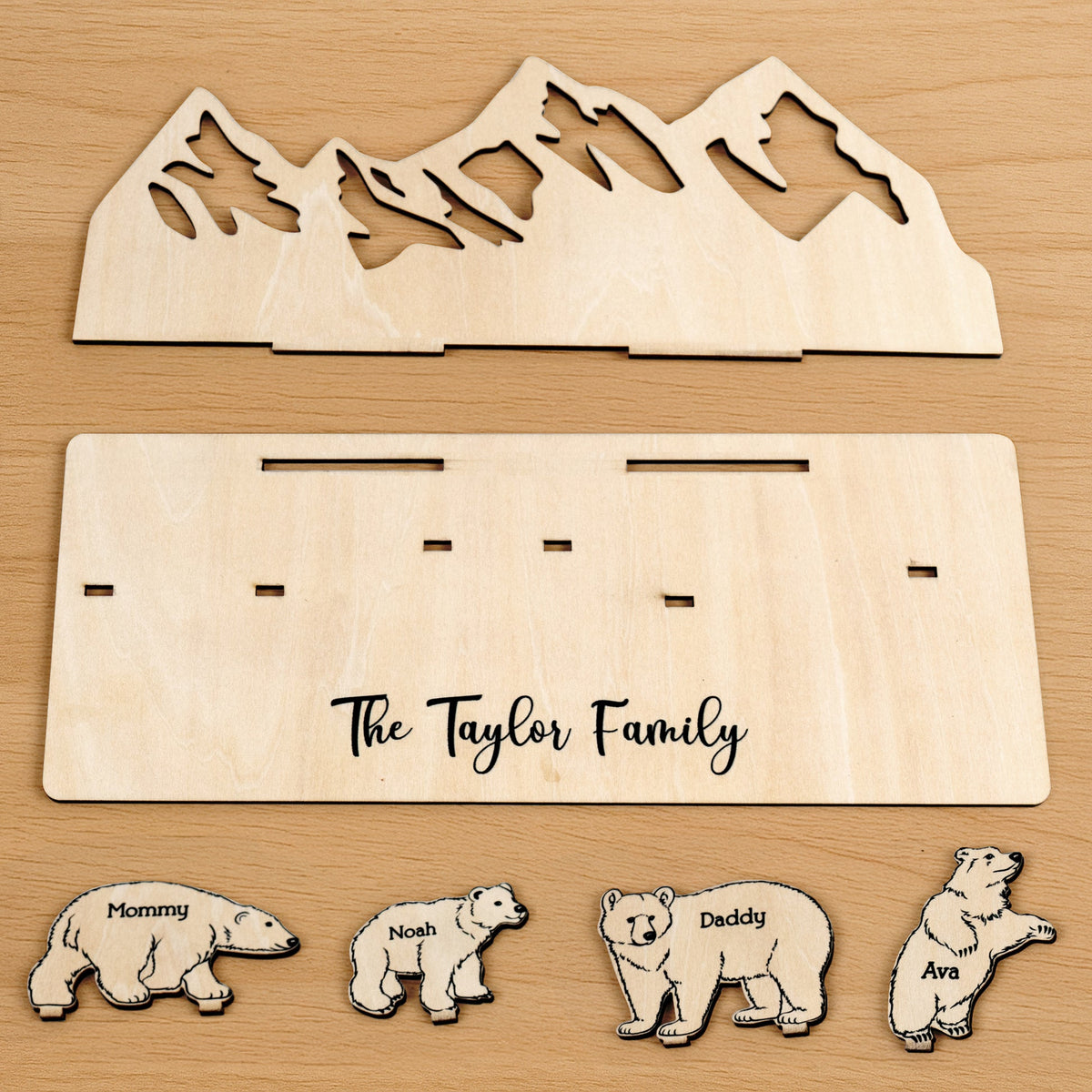Personalized Wooden Bear Family With A Mountain Scene Backdrop