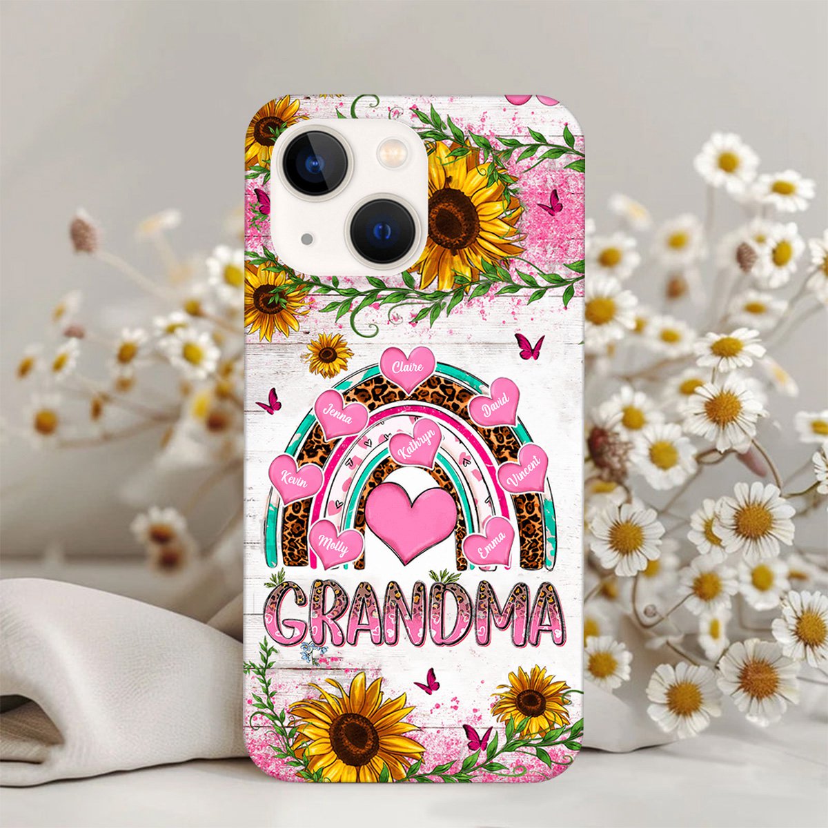 Personalized Phone Case - Grandma, Nana Leopard Pink Pattern Kid Names In Heart