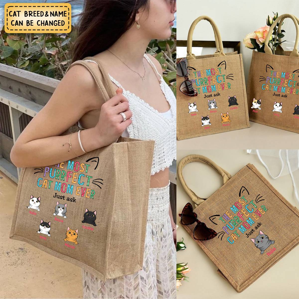 Personalized Cat Mom Jute Tote Bag