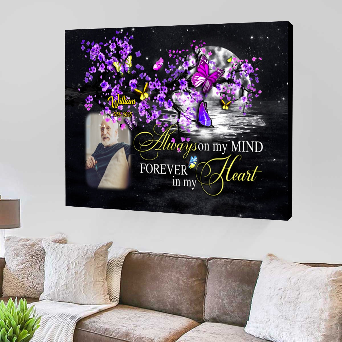 Personalized Memorial Landscape Canvas Poster - Always On My Mind Butterfly Memorial Gift