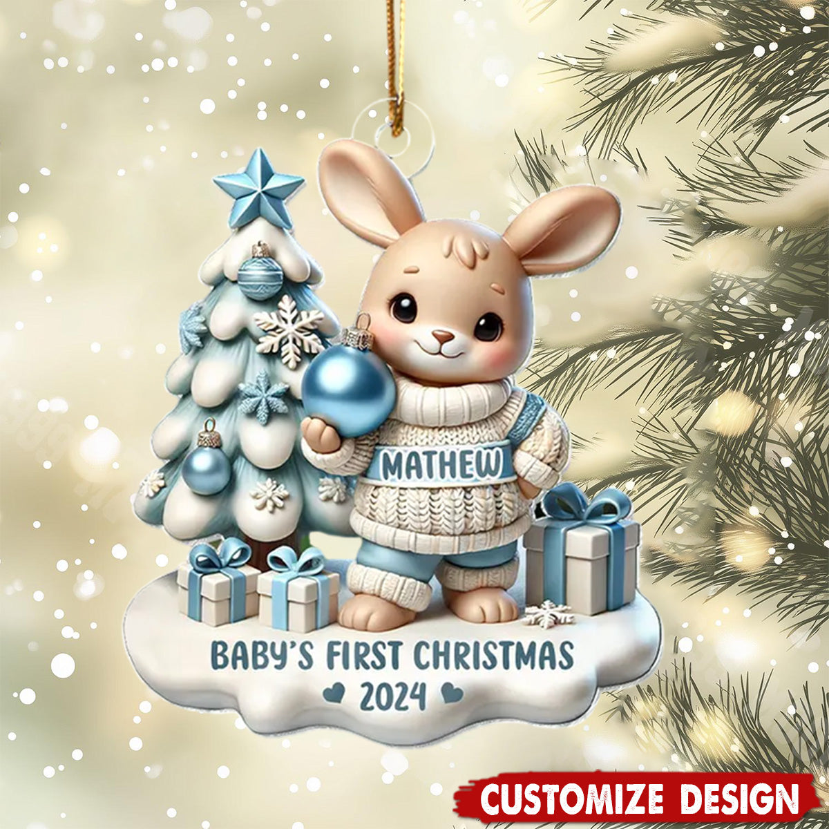 Cute Bunny Baby's First Christmas Personalized Acrylic Ornament Gift For Newborns