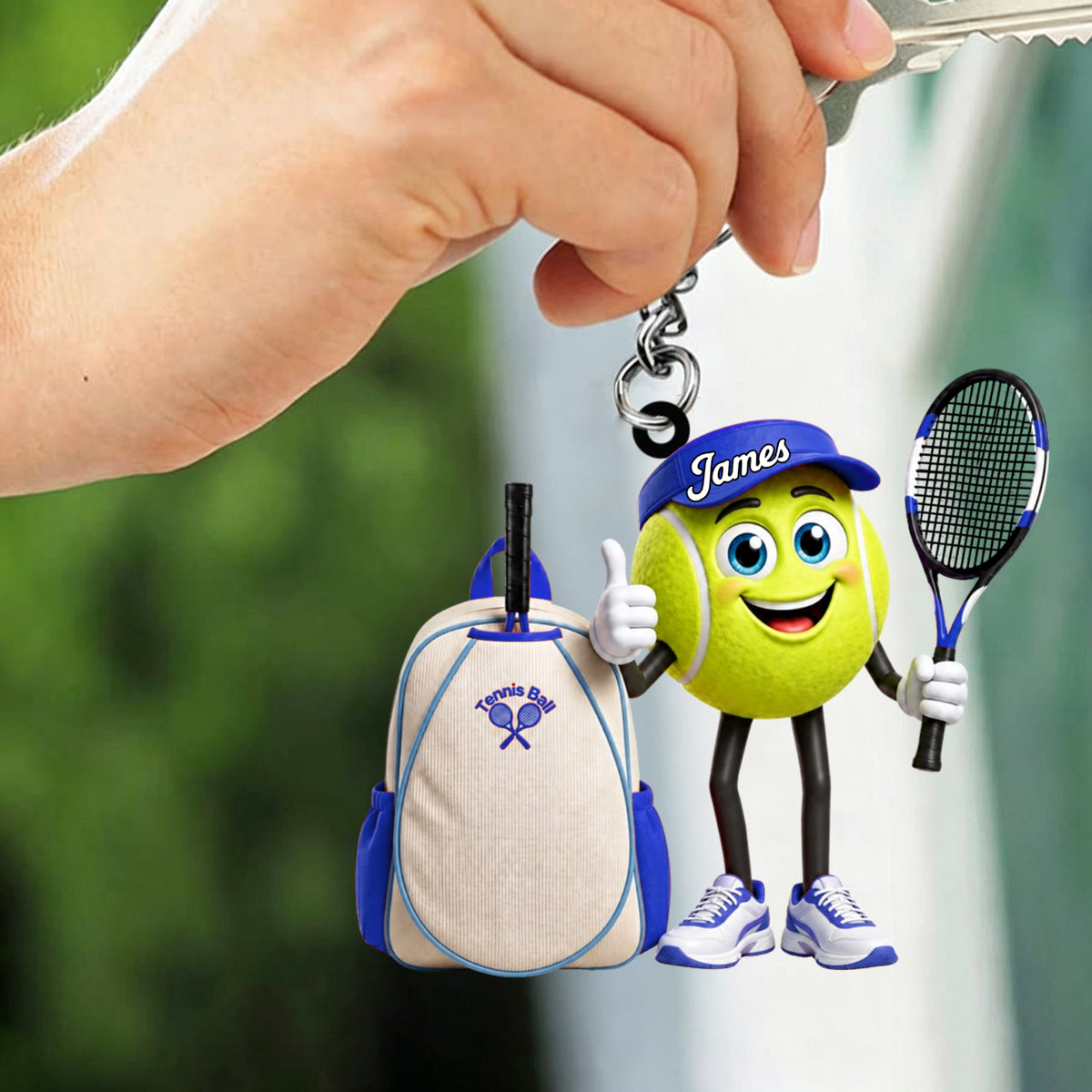 Cute Thumbs‑Up Tennis Ball Mascot with Tennis Backpack Design Keychain - Personalized Tennis Keychain