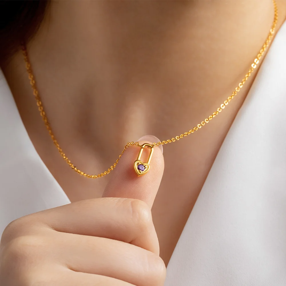 Personalized Tiny Heart Padlock Necklace with Birthstone Dainty Jewelry