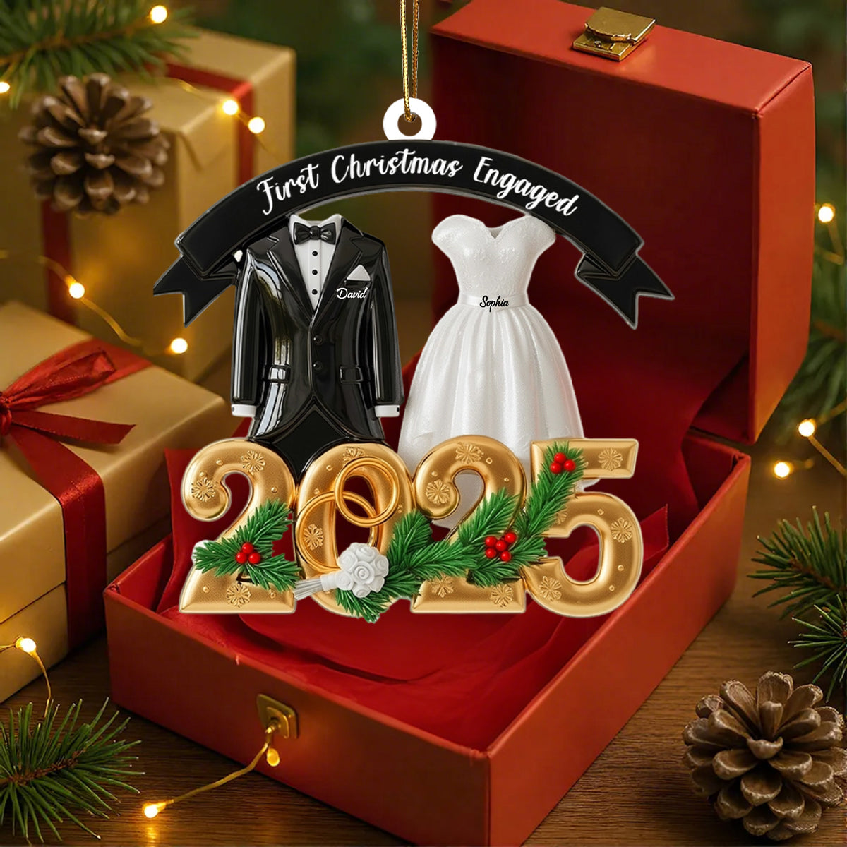 thumbnail image 2 of Personalized Acrylic Engagement Ornament: Our First Christmas, Wedding Keepsake 2 of 12