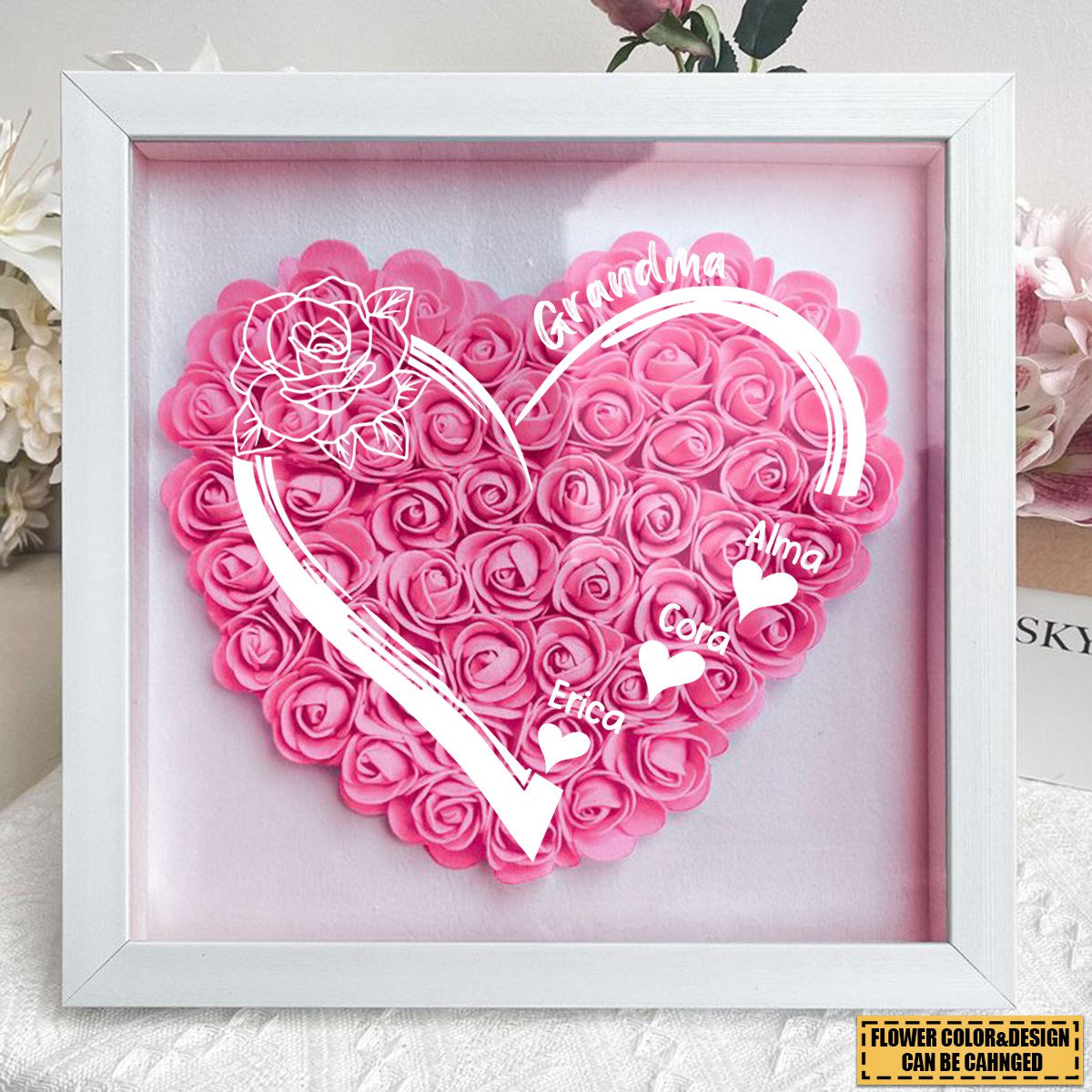 Personalized nana and grandkids heart Flower Shadow Box