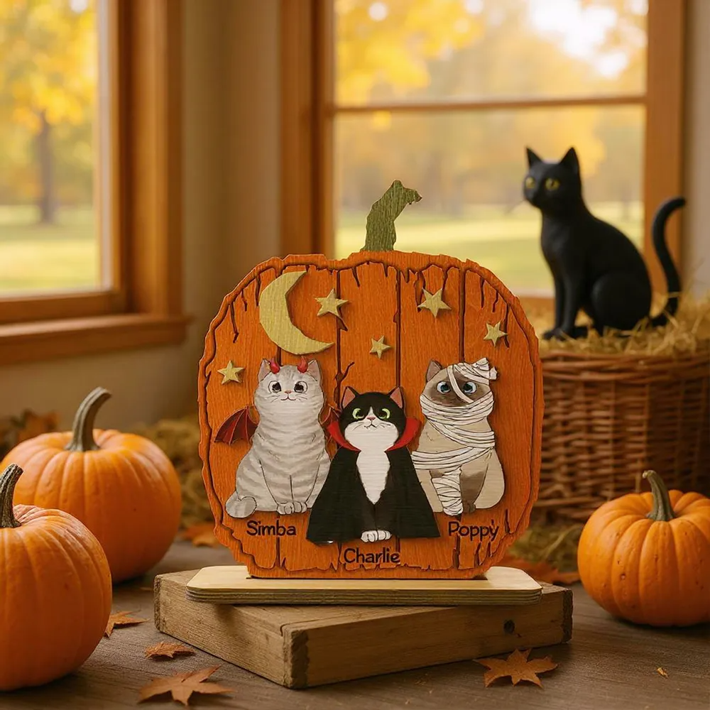 Halloween Cat Pumpkin Personalized 2-Layered Standing Wooden Plaque Gift For Cat Lover