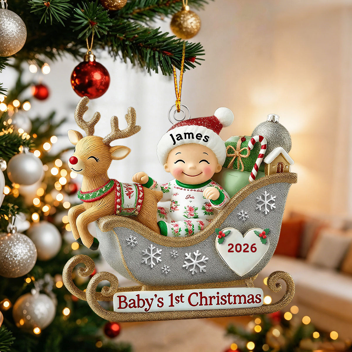 Baby’s 1st Christmas Personalized Acrylic Ornament – Adorable Reindeer Sleigh Design, Perfect Gift for Newborn Celebration