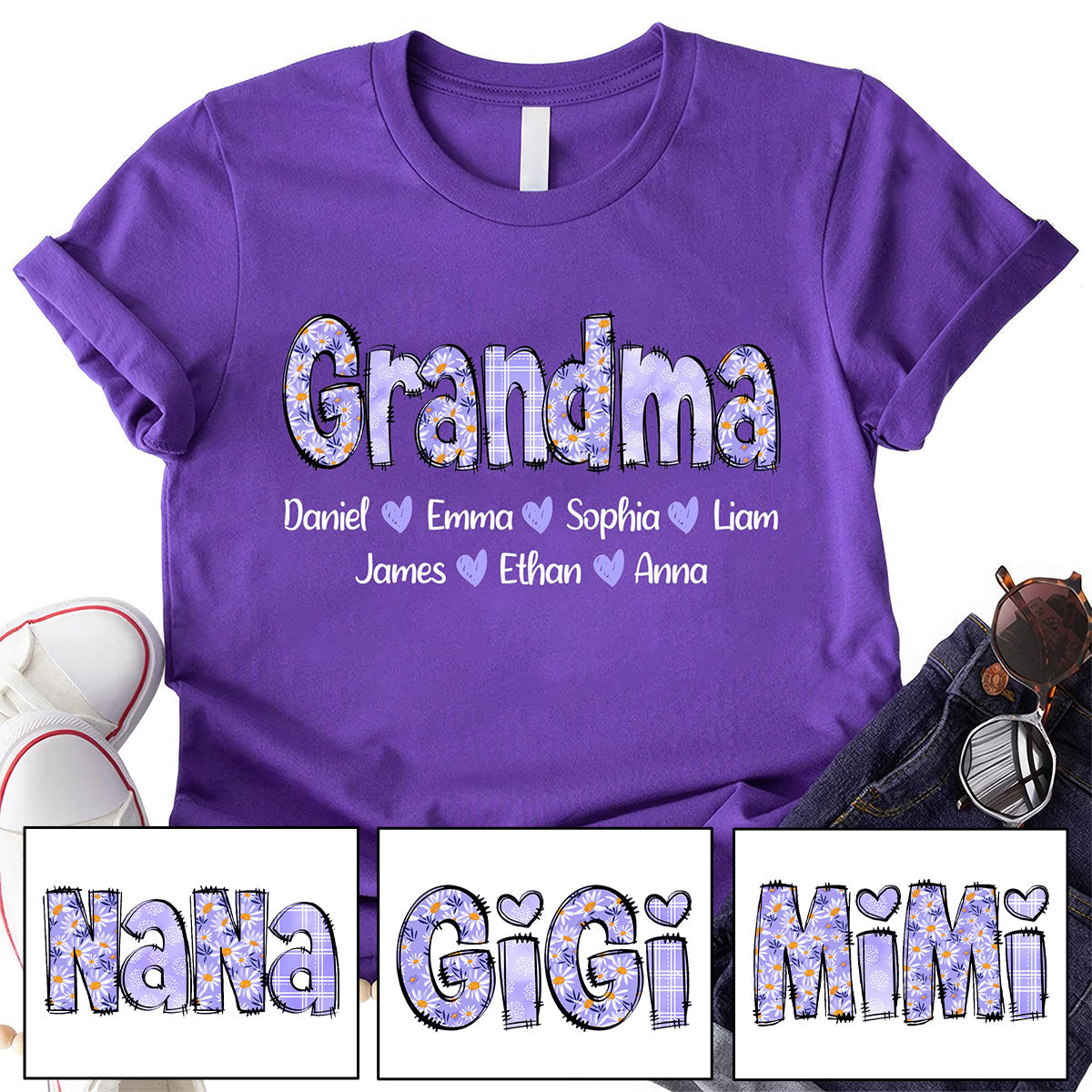 Custom Gigi Purple Daisy With Grandkids Mother's Day Pure Cotton T-Shirt