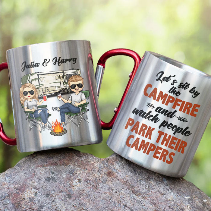 Let's Sit By The Campfire - Personalized Carabiner Camping Mug - Gift For Camping Lovers