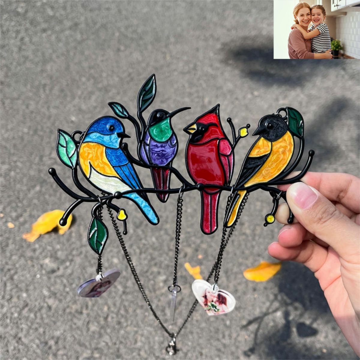 Personalized Family Photo Birds Colorful Window Pendant