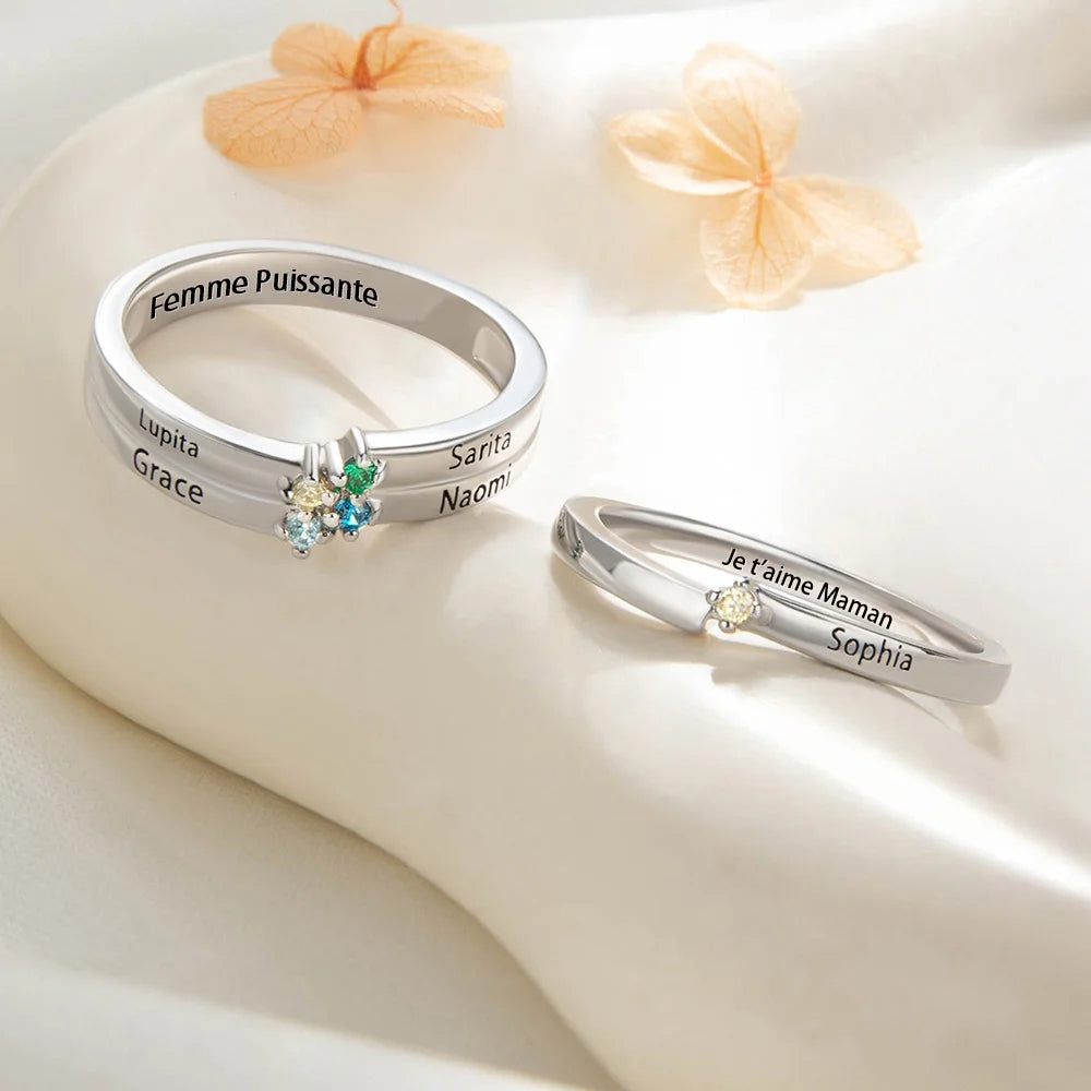 Family Birthstone Personalized 1-8 Names Engraving Ring, Mothers Ring