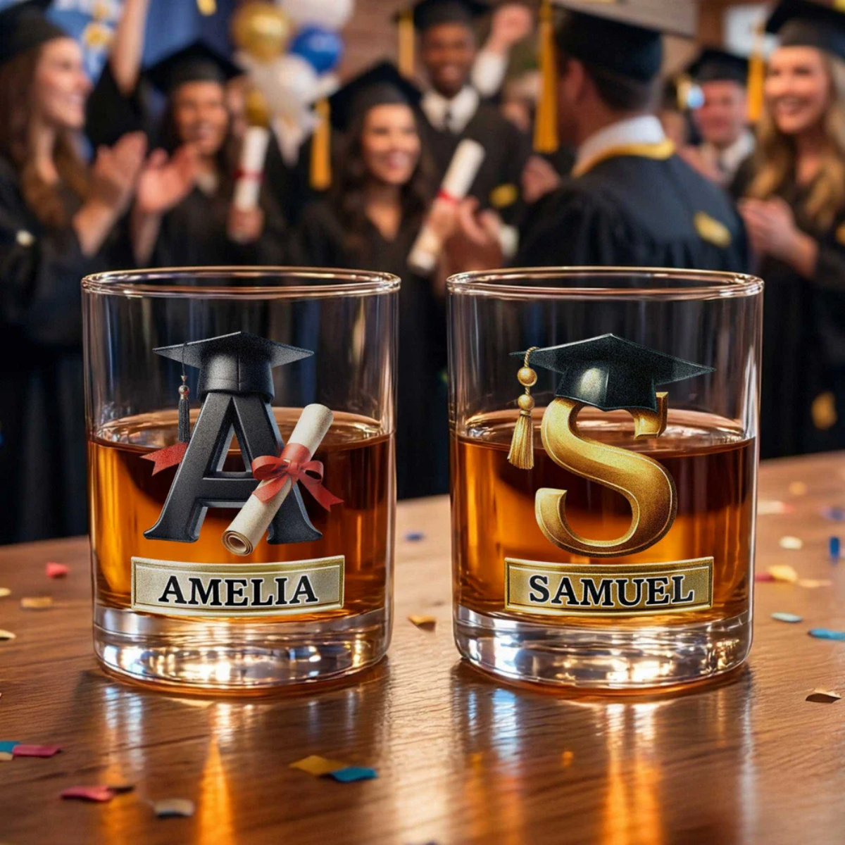 Personalized Graduation Cap Initial Whiskey Glass Gift for Graduates Whiskey Lovers
