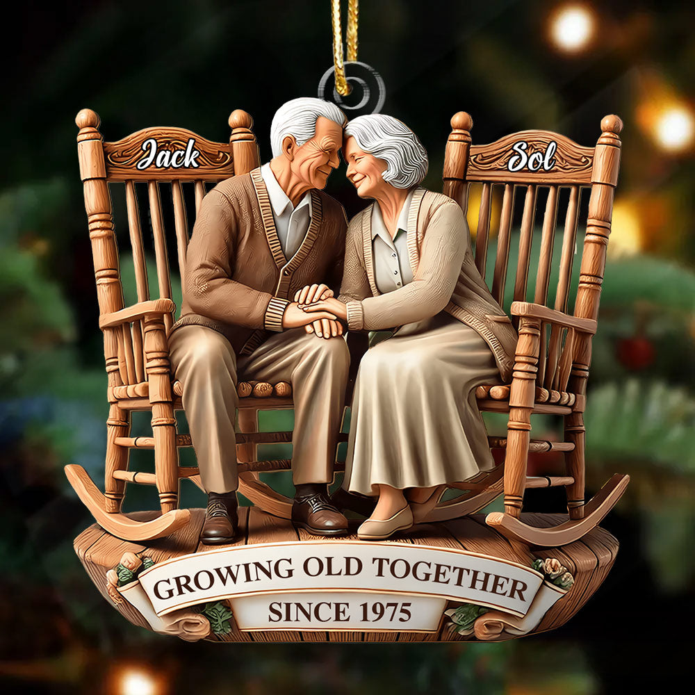 Old Couple Sitting On Rocking Chairs Together - Personalized Ornament