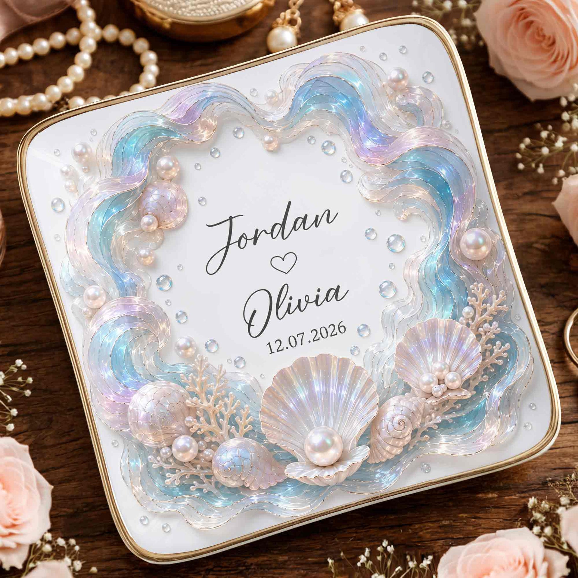 Our Love Is Deeper, Ocean Shell Pearls Personalized Ceramic Jewelry Dish, Gift For Couple