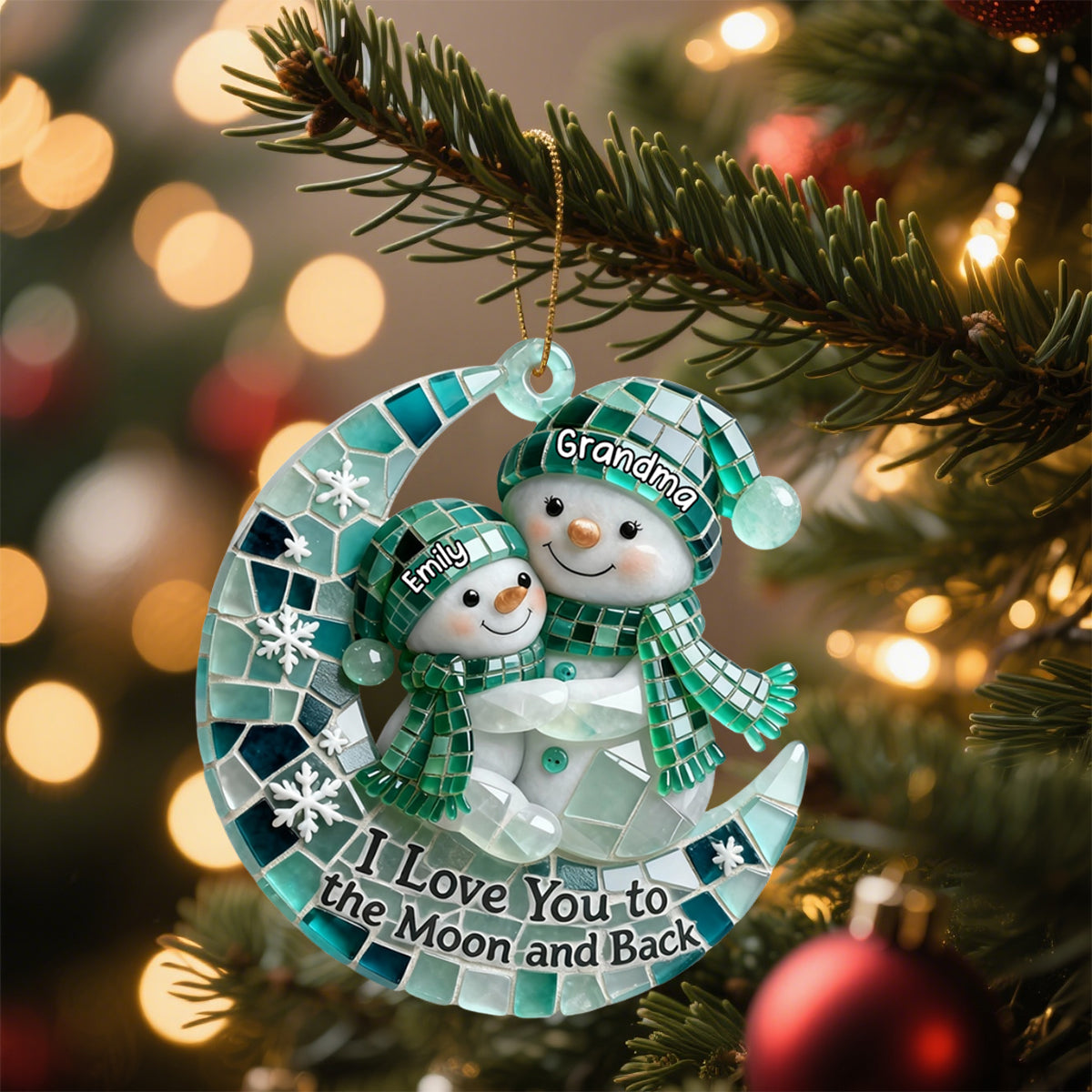 Personalized Sea Glass I Love You To The Moon and Back Snowman, Gift For Grandparents and Family Ornament