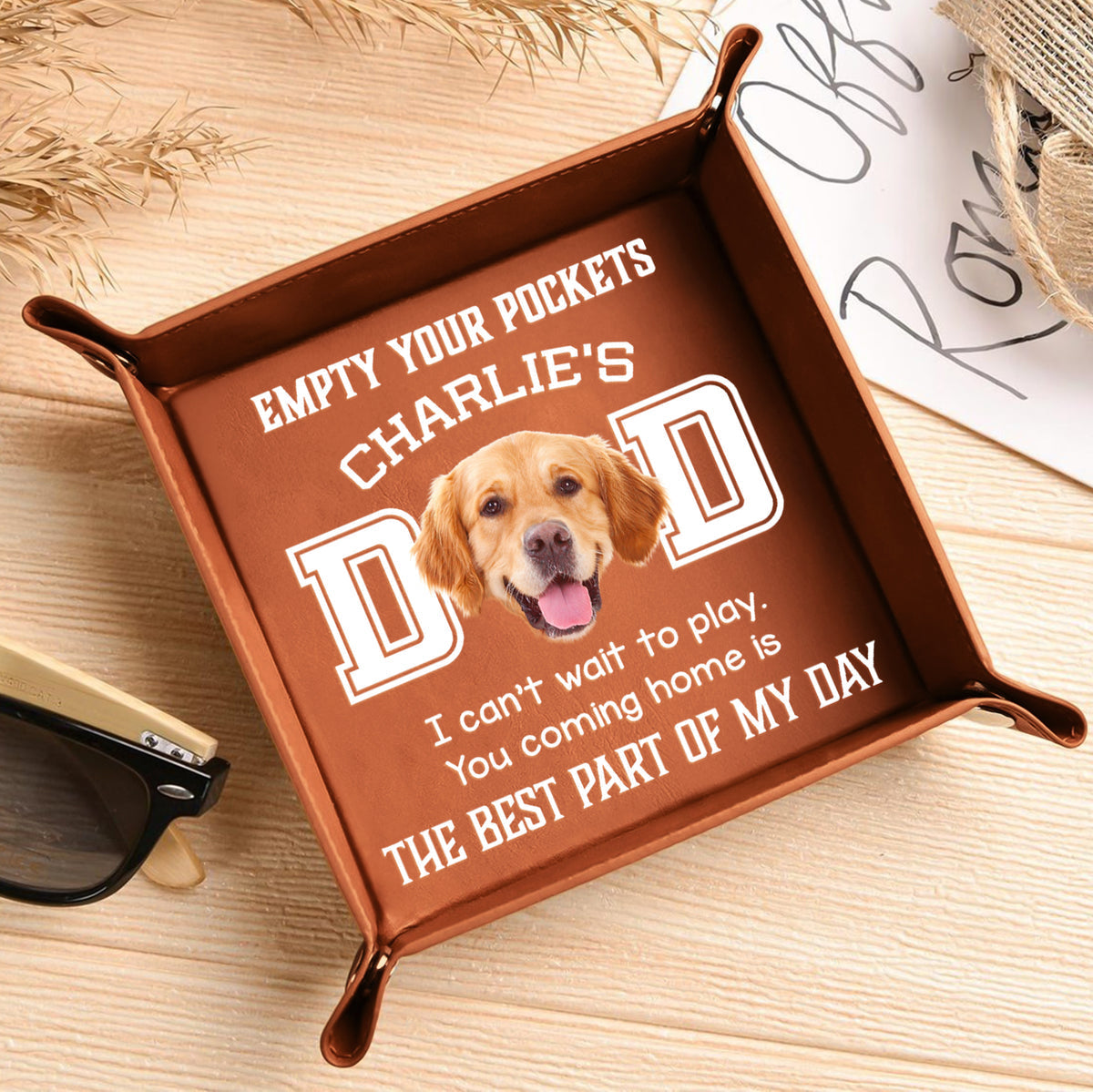 Custom Photo Dog Can't Wait To Play With Dad Personalized Leather Valet Tray