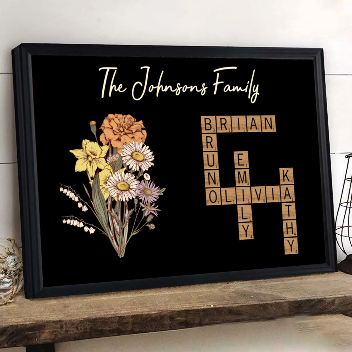 Birth Flower Family Crossword Puzzle Art Personalized Poster