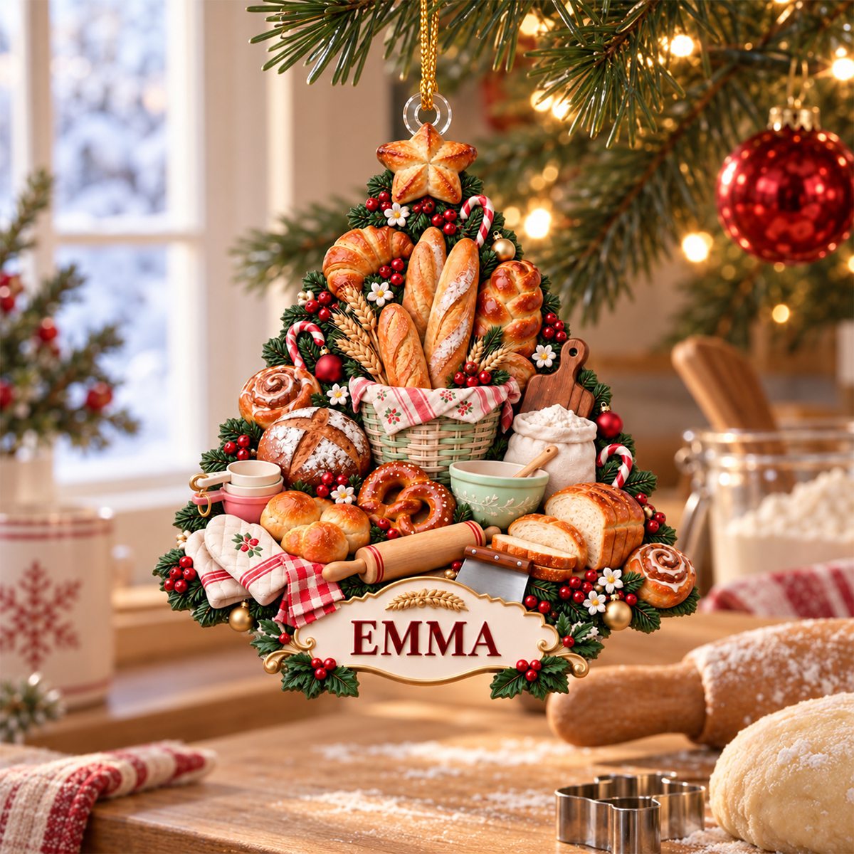 Personalized Bakery Christmas Ornament, Custom Name French Bread Tree Keepsake, Bakery Owner Gift, Gift For Bread Lover