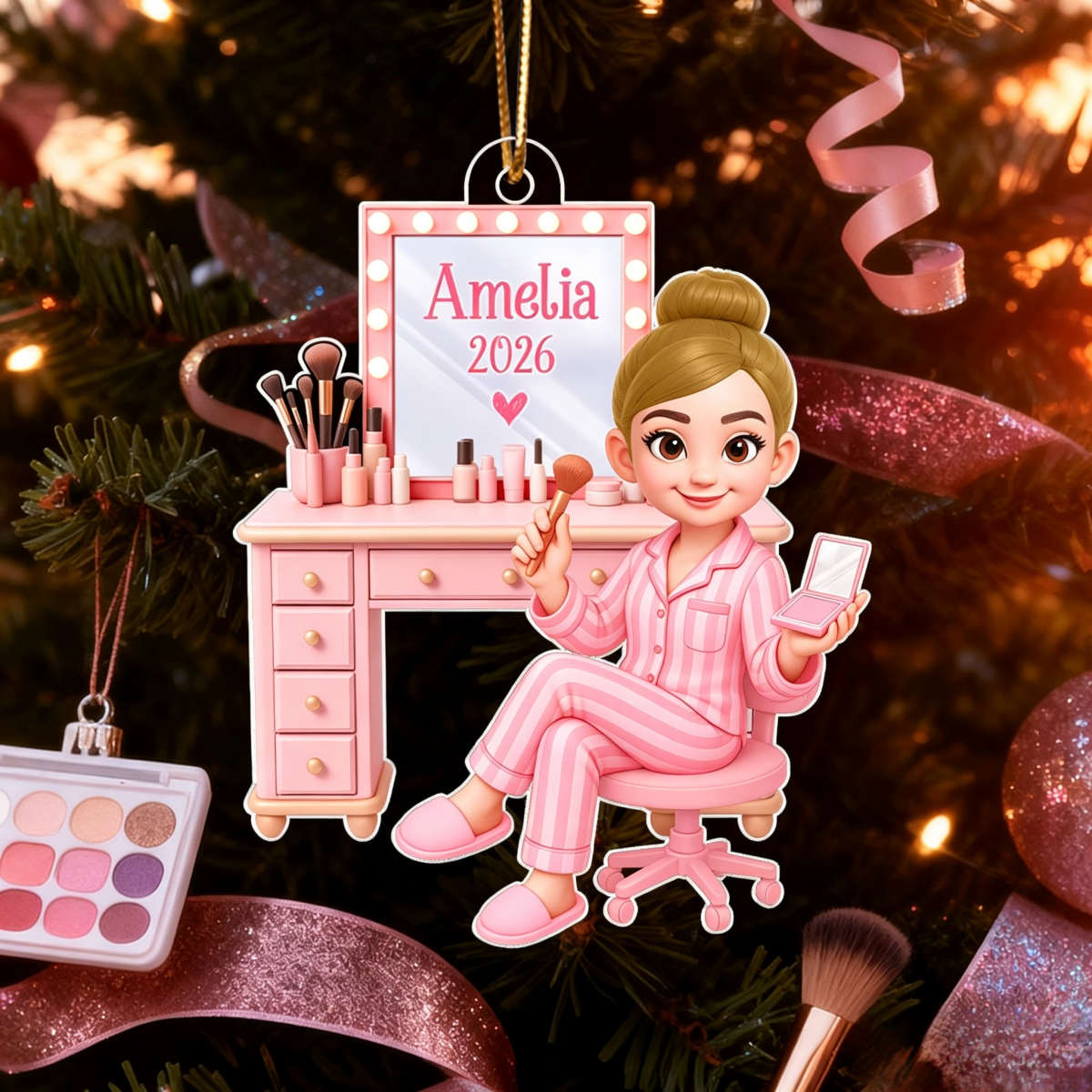 Personalized "Pink Girl Makeup" Acrylic Ornament – Christmas Gift For Daughters & Granddaughters