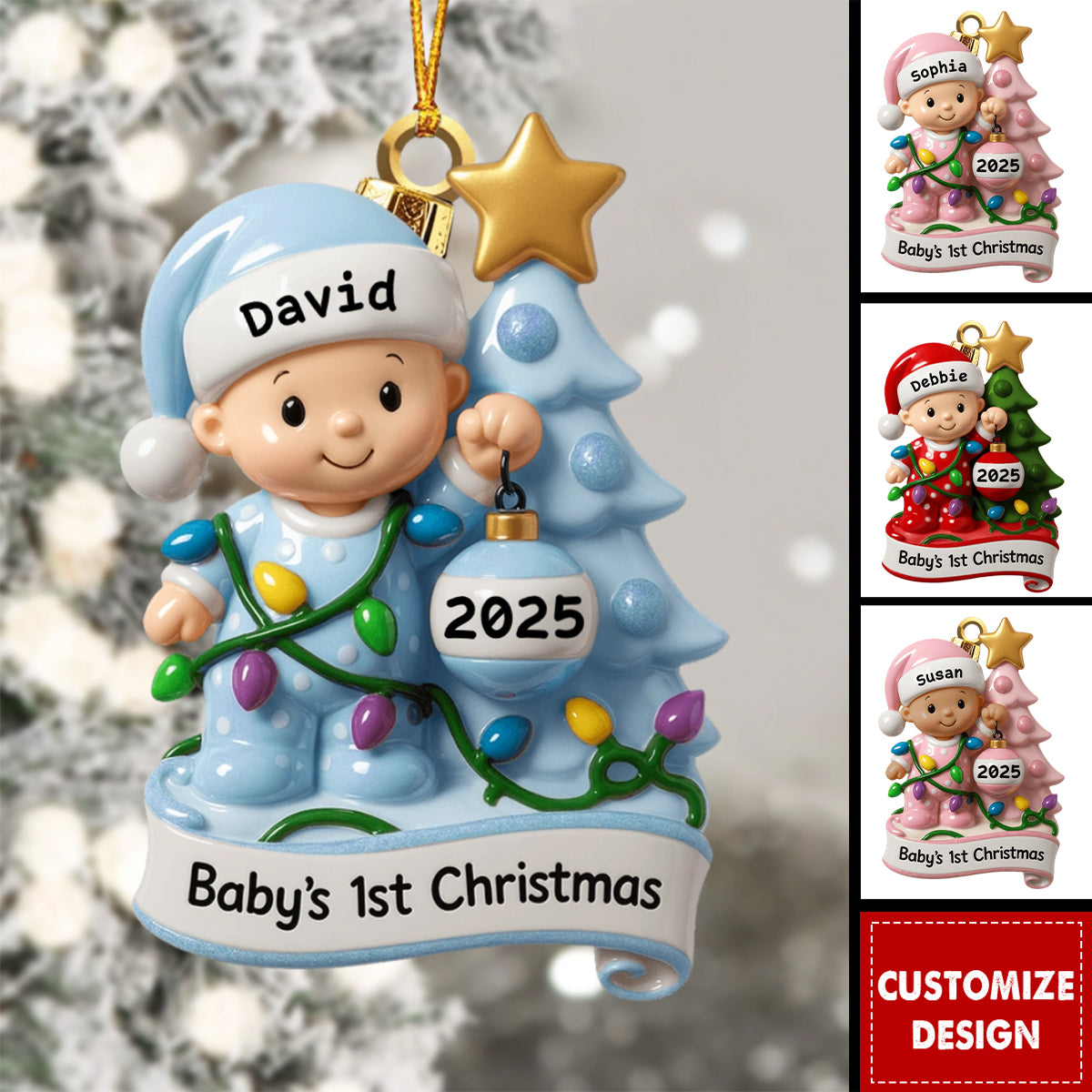 Baby's 1st Christmas With Festive Tree And Lights, Personalized Wood Ornament