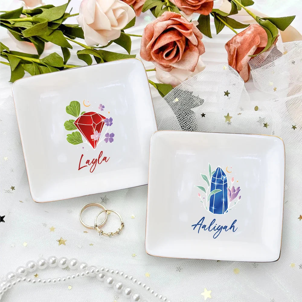 Personalized Birthstone Ceramic Square Trinket Jewelry Dish With Name, Gift For Girls Women