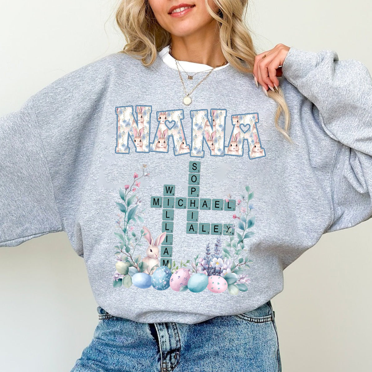 Personalized Bunny Easter Grandma Mom Kids Crossword Puzzle Sweatshirt
