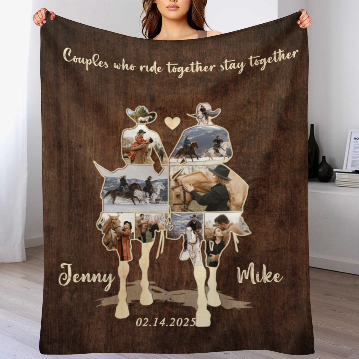 Custom Couple Cowboy Photo Collage Blanket , Personalized Couple Horse Riding Gift, Riding Partners Horse Riding Gifts