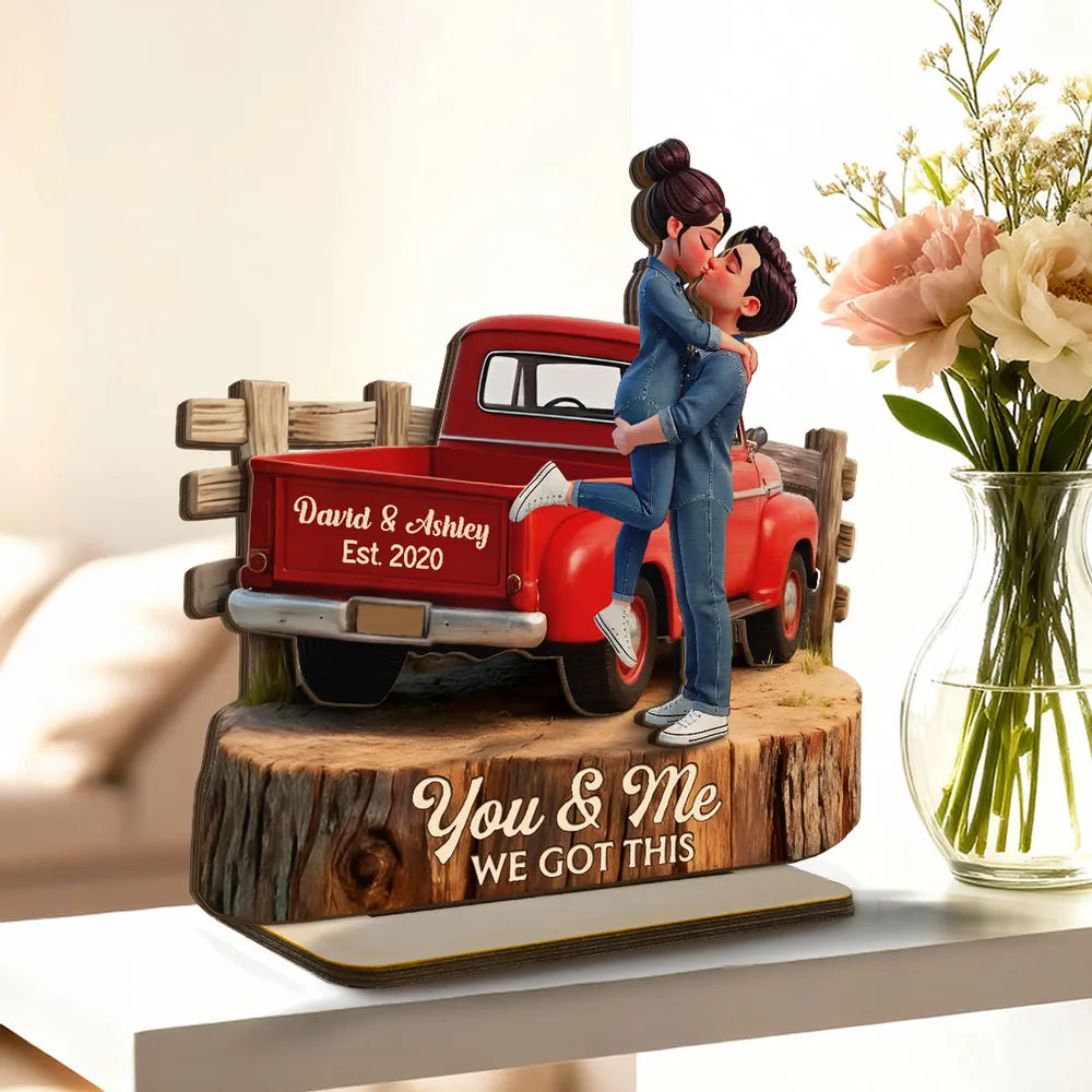 Personalized Wooden Plaque with Kissing Couple in Red Pickup Truck, Farmhouse Decor, Unique Gift for Couples