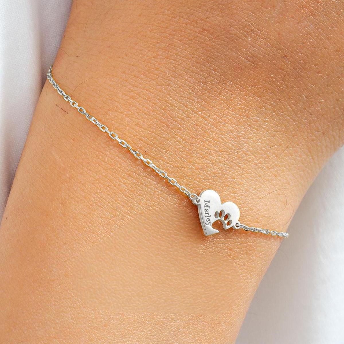 Engraved Heart Pawprint Bracelet Gift for Pet Lovers Dog Mom