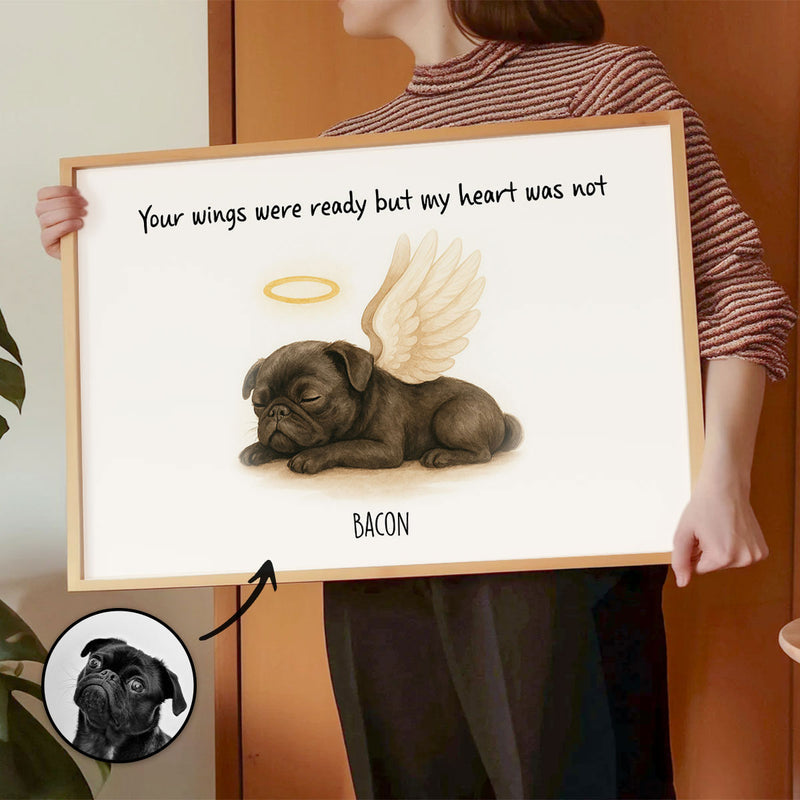 Custom Memorial Pet Angel Wings Drawing, Photo Personalized Poster, Sympathy Gift for Dog Cat Lovers
