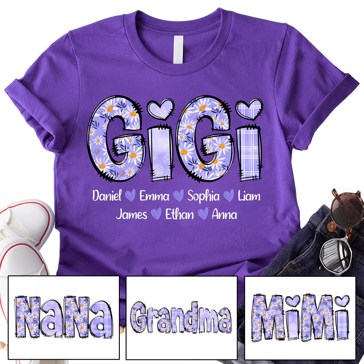 Custom Gigi Purple Daisy With Grandkids Mother's Day Pure Cotton T-Shirt