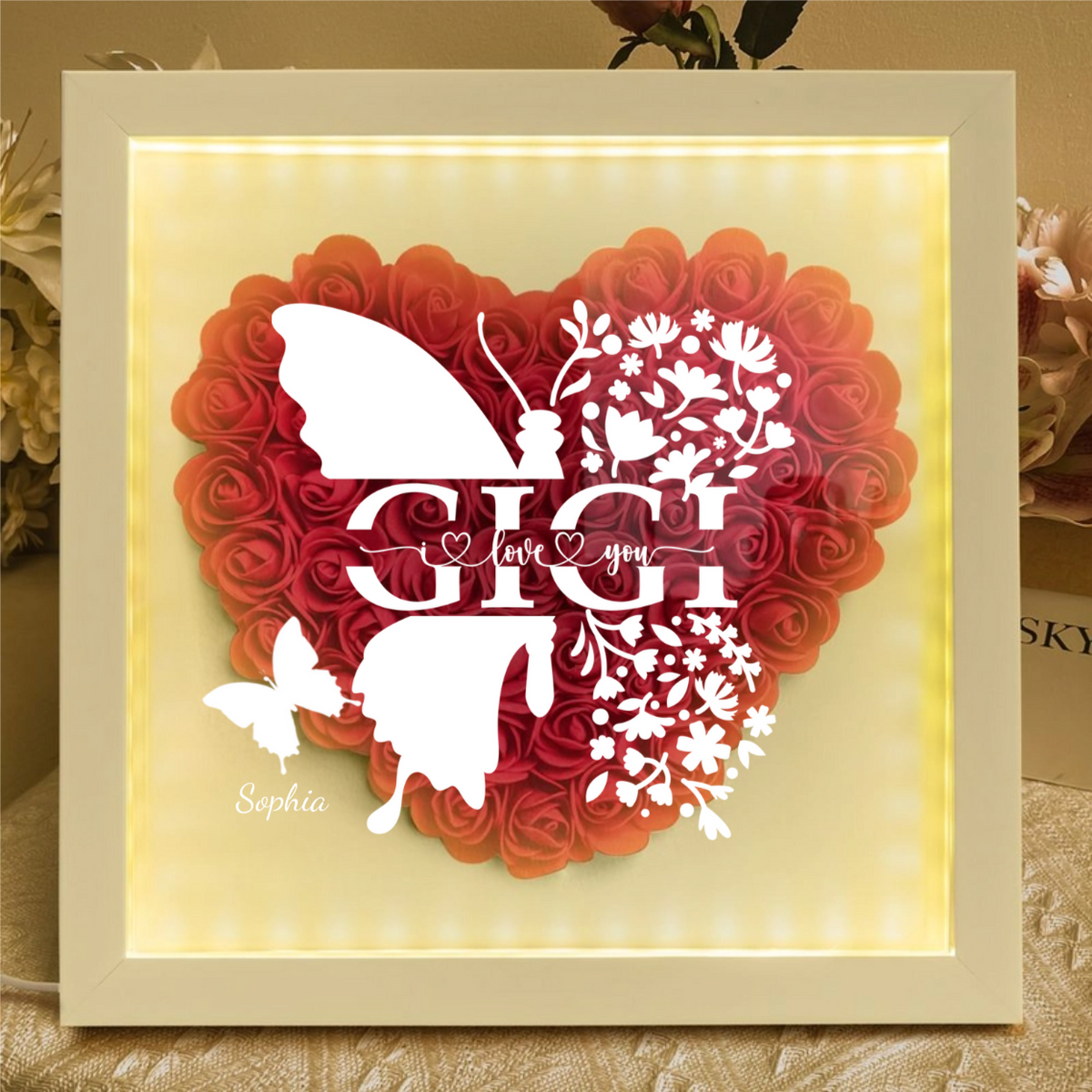 Mom Butterfly Mother's Day Gift - Personalized Flower Shadow Box With LED Light