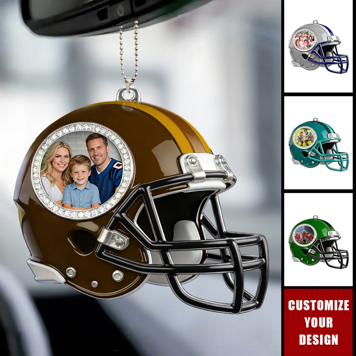 Personalized American football helmet themed photo car pendant
