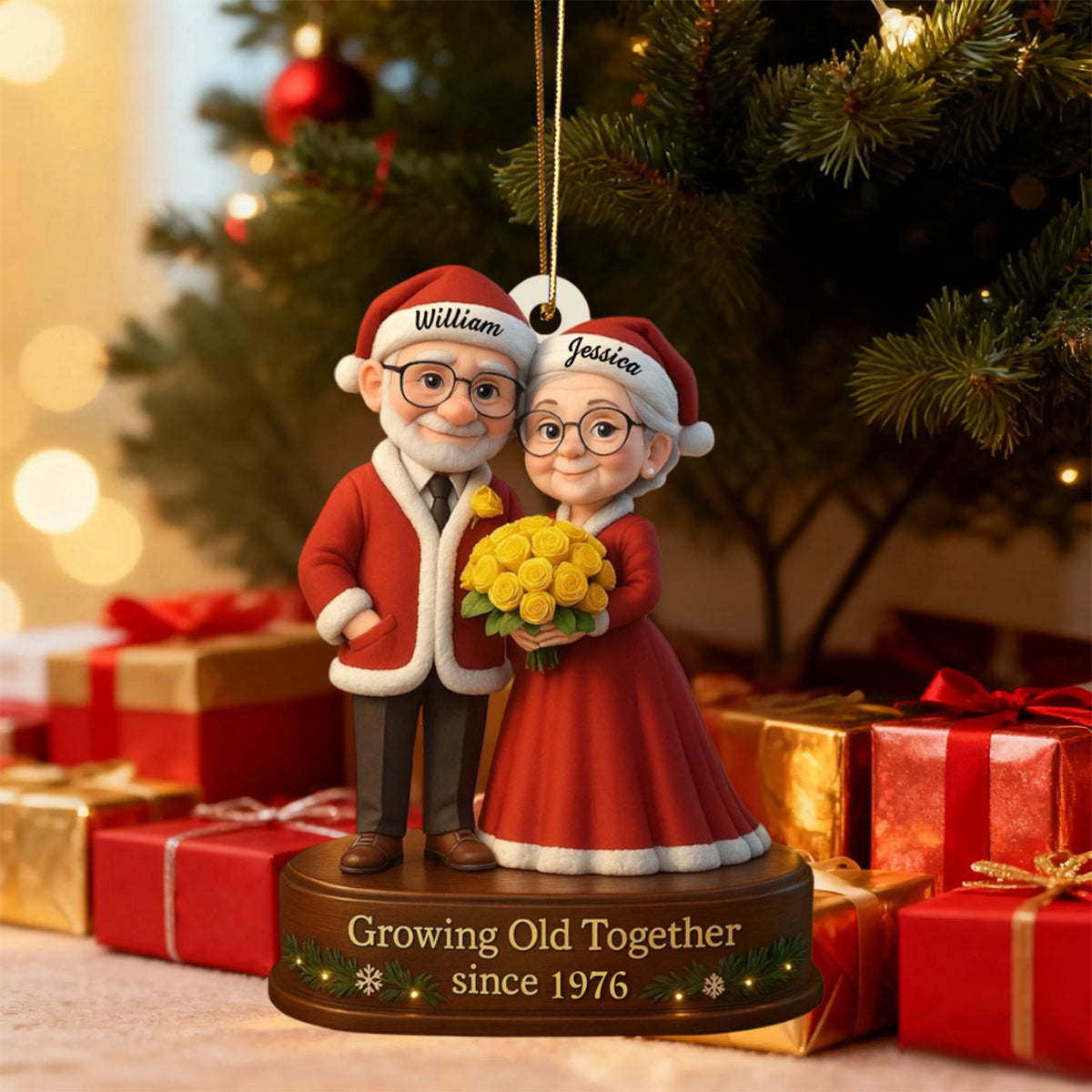 Growing Old Together, Elderly Couple With Yellow Roses, Personalized Acrylic Ornament, Gift For Grandparents
