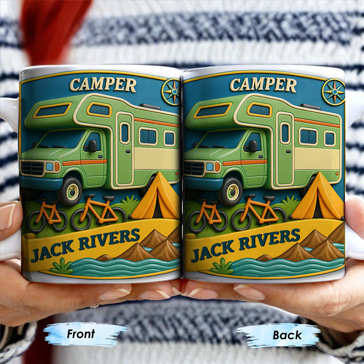 Camper, Tent, and Bicycles Design, Personalized Custom Coffee Mug, Perfect For Outdoor Lovers