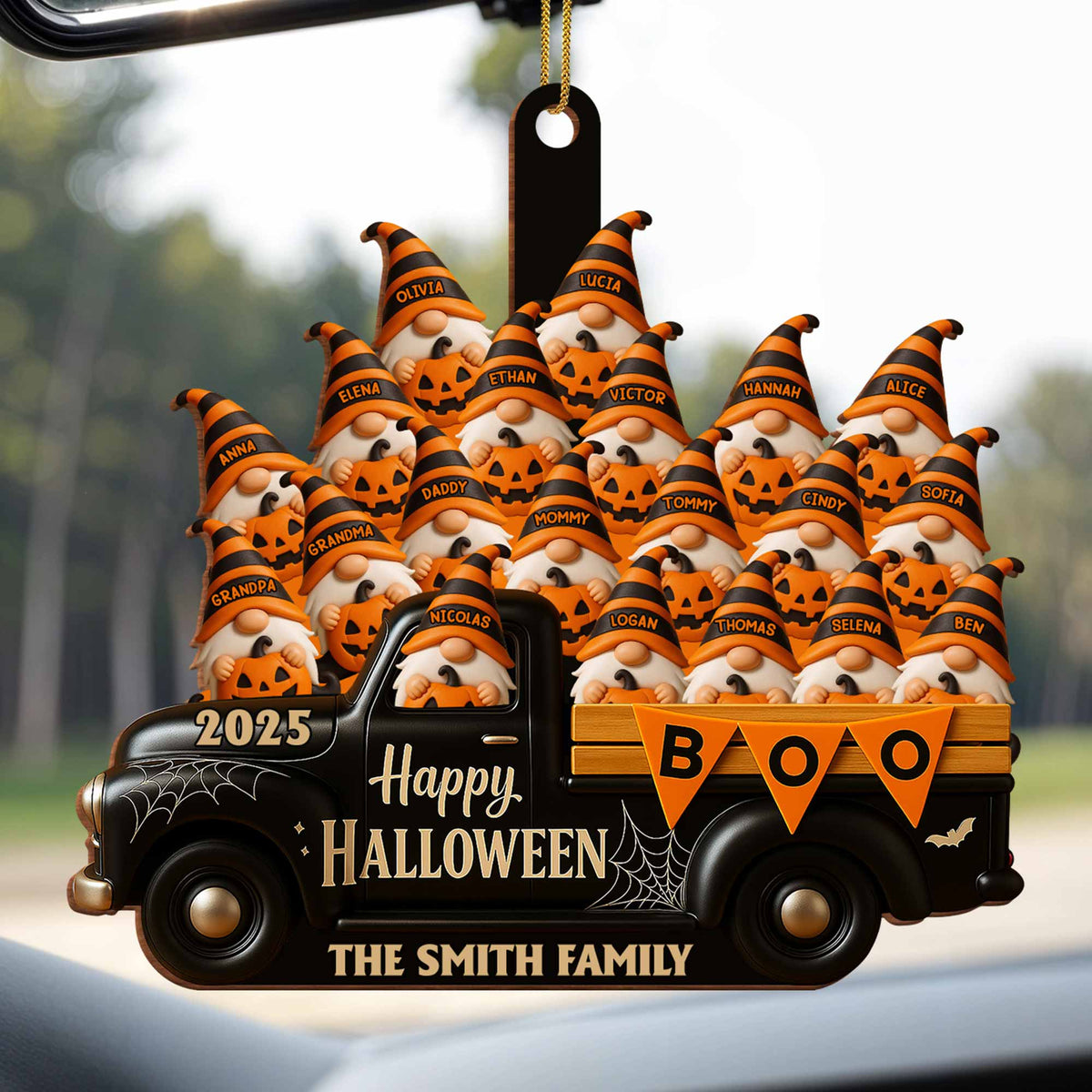 Happy Halloween Family Truck With Pumpkins, Personalized Custom Wood Ornamen