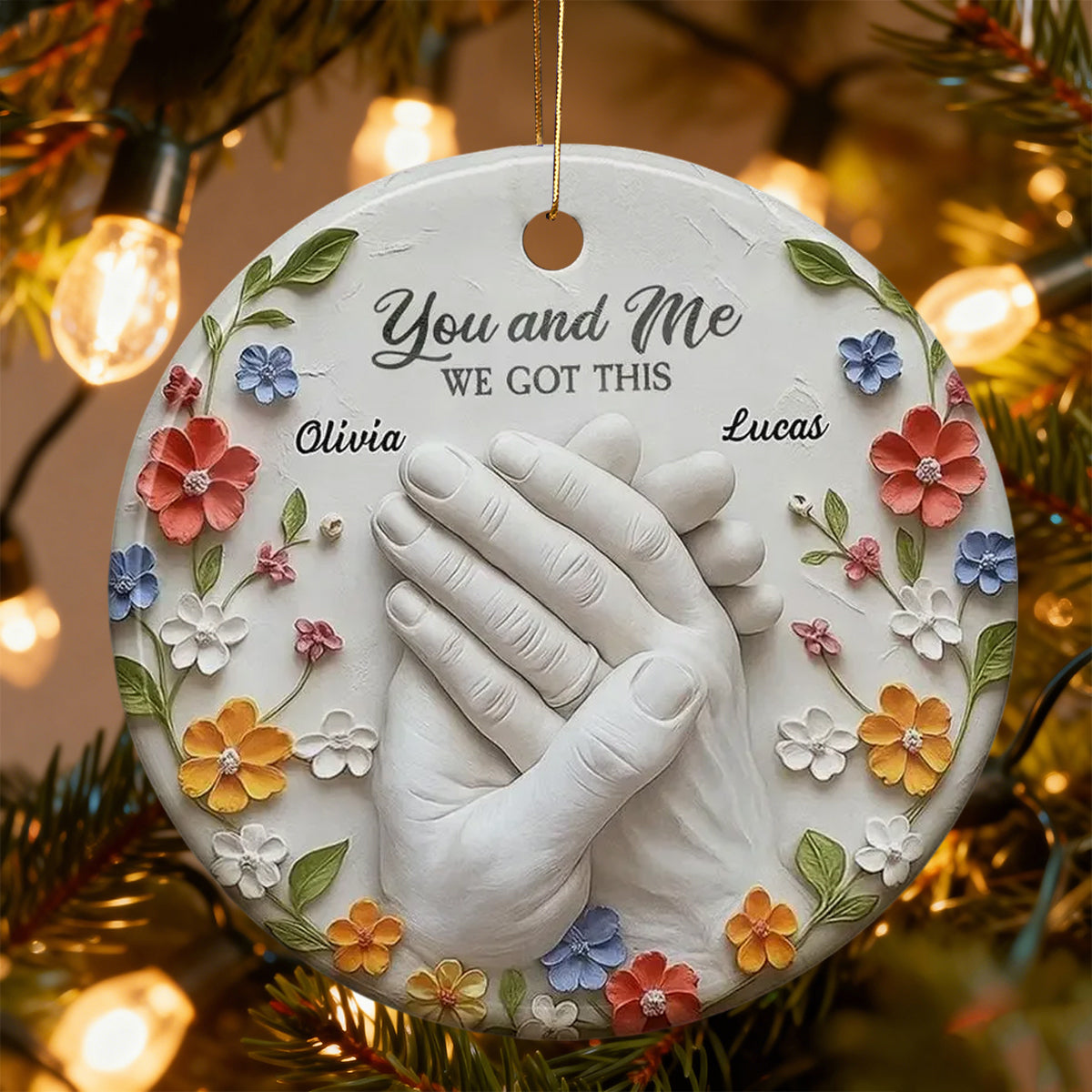Clasped Hands And Flowers, Personalized Ceramic Ornament, Gift For Couples And Partners