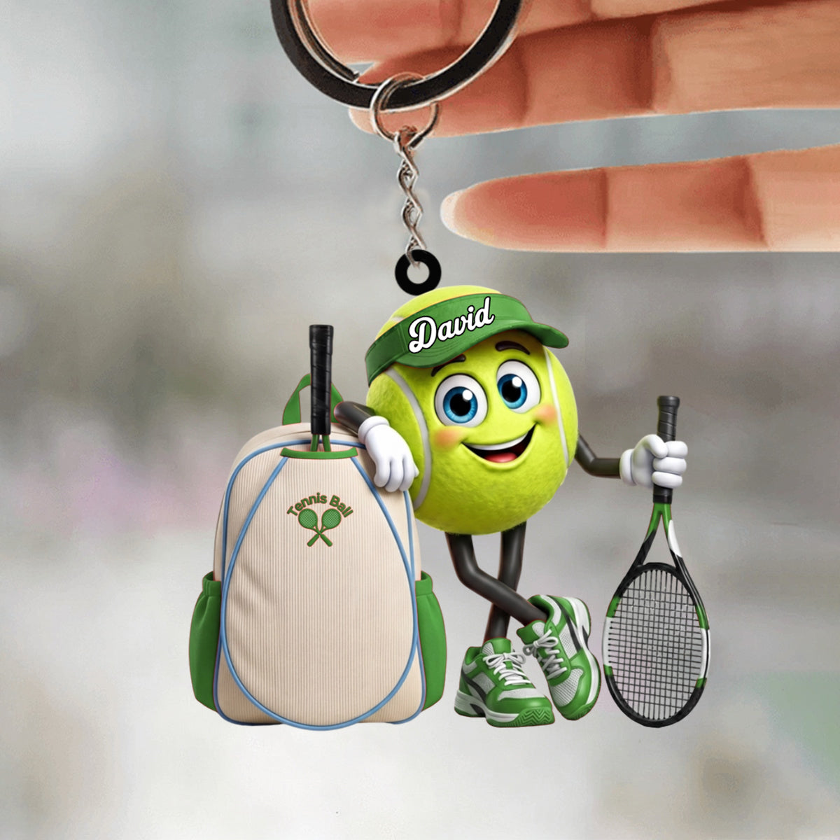 Tennis Racket & Tennis Backpack Design Keychain - Personalized Tennis Ball Mascot Keychain for Male & Female Tennis Player