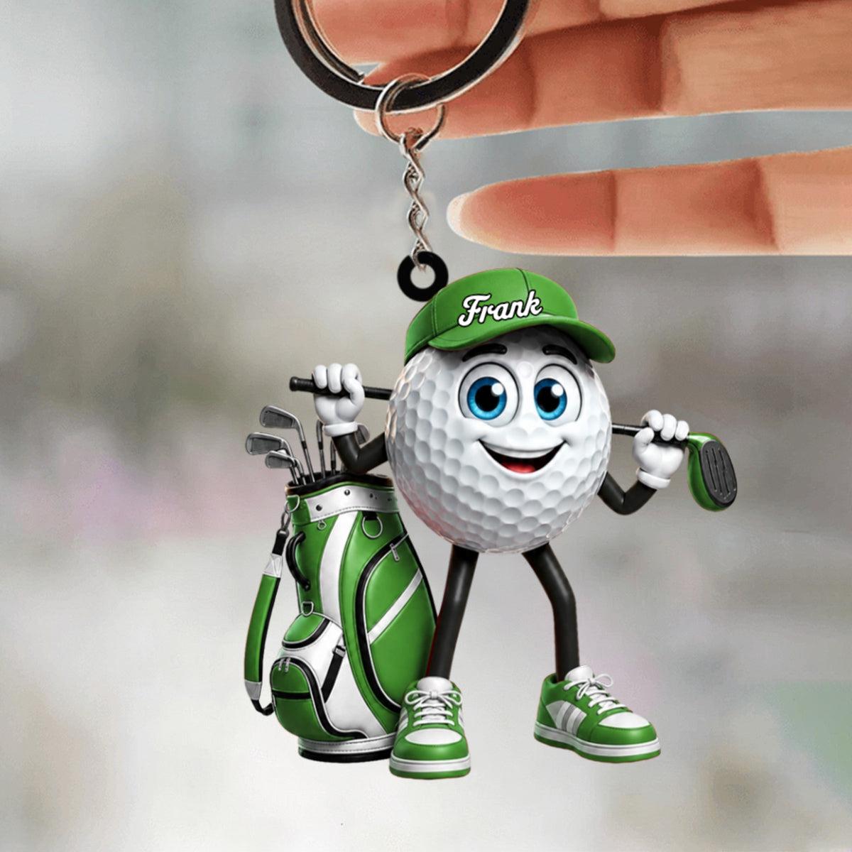 Hold Golf Club Across Shoulders Personalized Golf Ball Mascot Keychain Gift for Male & Female Golfer