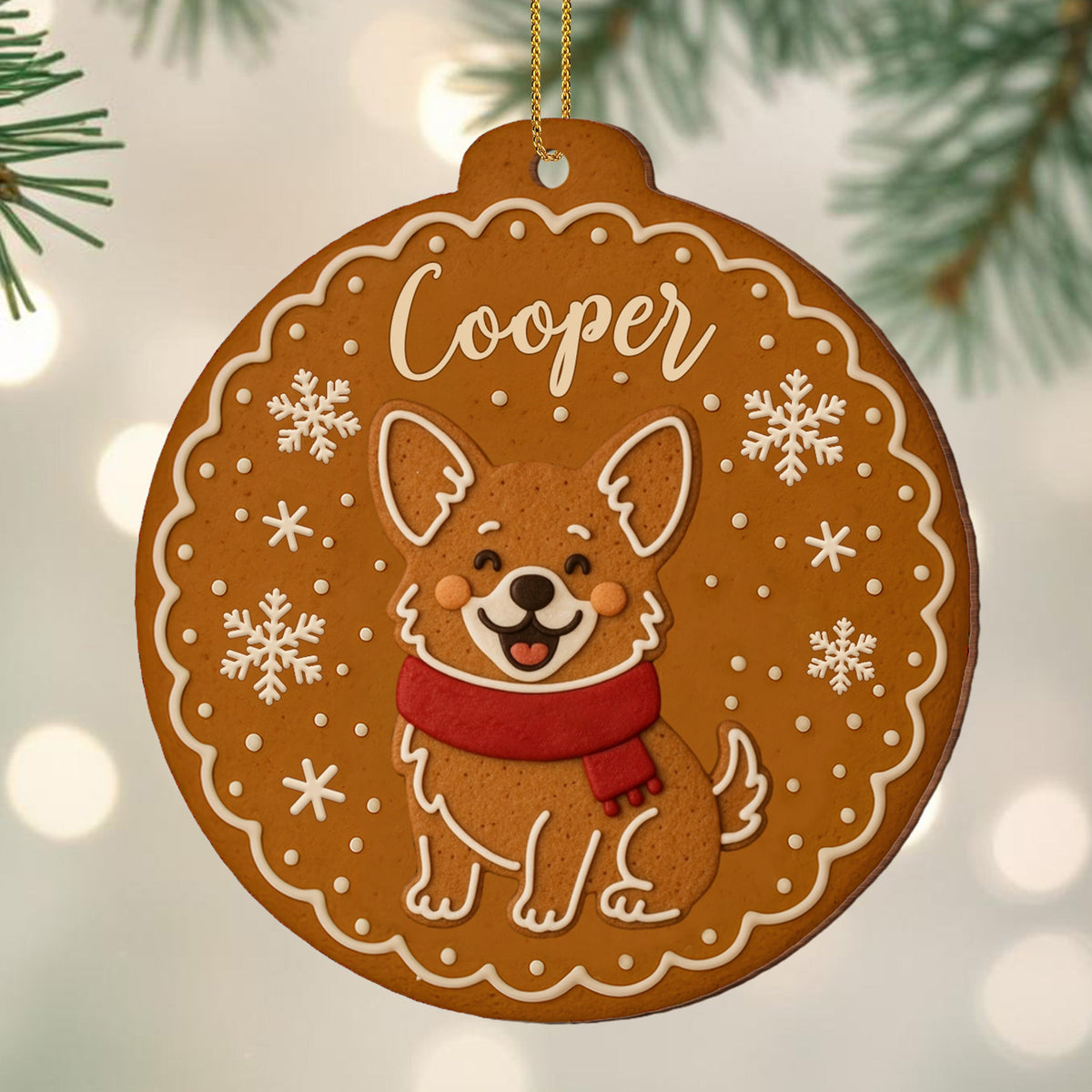 Cheerful Dog With Festive Scarf And Snowflakes, Personalized Wood Ornament, Gift For Dog Lovers