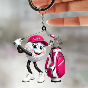 Golf Backswing Pose Cartoon Golfer Personalized Golf Ball Mascot Keychain Gift for Male & Female Golfer