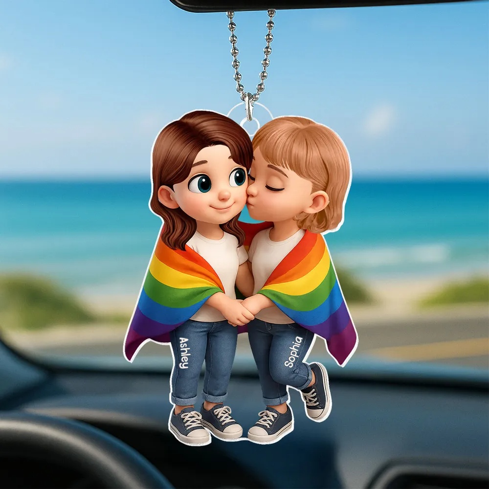 Pride Month LGBTQ+ Couple Love Is Love Personalized Acrylic Car Ornament, Gift For Couple