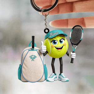 Cute Thumbs‑Up Tennis Ball Mascot with Tennis Backpack Design Keychain - Personalized Tennis Keychain