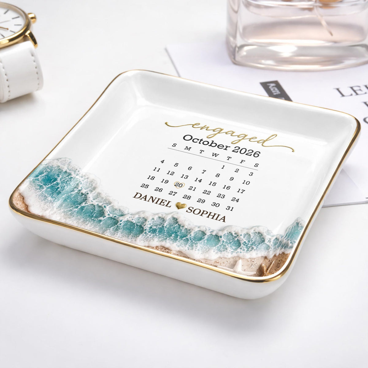 Engaged Calendar, Personalized Jewelry Dish, Gift For Couples