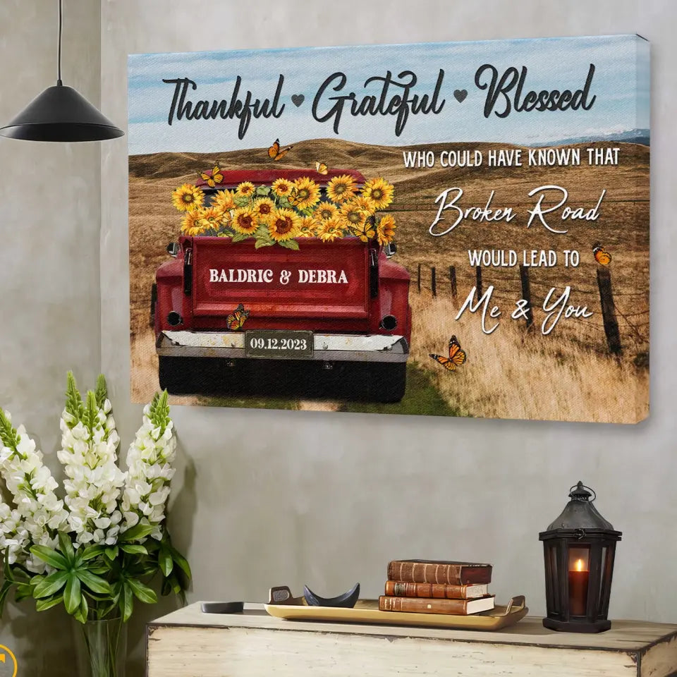 Personalized Canvas Prints - Rustic Farmhouse Red Truck, Customized Anniversary Couples Gifts, Thankful, Grateful, Blessed
